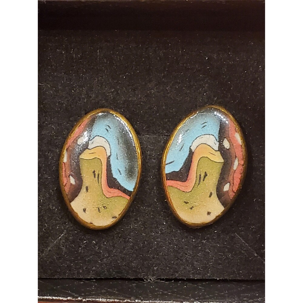 1980s Abstract Enamel Clip-On Earrings – Gold Tone Modernist Swirl Landscape Sta